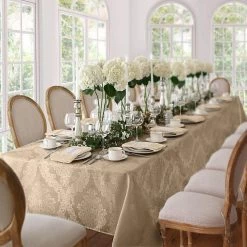60 in. W x 84 in. L Oblong Beige Barcelona Damask Fabric Tablecloth by Elrene