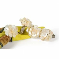 Beige Mother of Pearl Elegant Flower Metal Napkin Rings (Set of 4) by Manor Luxe
