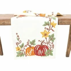 16 in. x 36 in. Cream Happy Fall Pumpkins Crewel Embroidered Table Runner, Cream by Manor Luxe