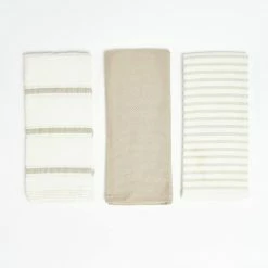Natural Beige Solid/Stripe Combo 100% Cotton Kitchen Towels (3 Piece Set) by NAUTICA