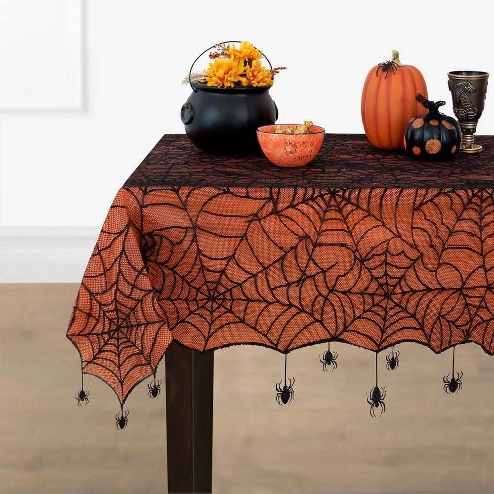 Crawling Halloween Spider Lace Lined 60 in. W x 84 in. L Black/Orange Tablecloth by Elrene 3 Crawling Halloween Spider Lace Lined 60 in. W x 84 in. L Black/Orange Tablecloth by Elrene