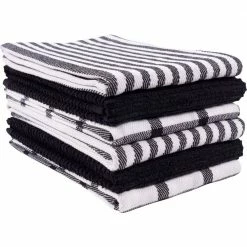 Set of 6 Mixed Flat and Terry Kitchen Towels, 18 x 28 Inches, Absorbent and Perfect Kitchen Starter Pack, Black by KAF HOME