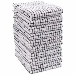Set of 10 Grid Terry Kitchen Towels, 20 x 30 in., 100% Cotton, Ultra Absorbent Terry Dish Towels, Black by KAF HOME