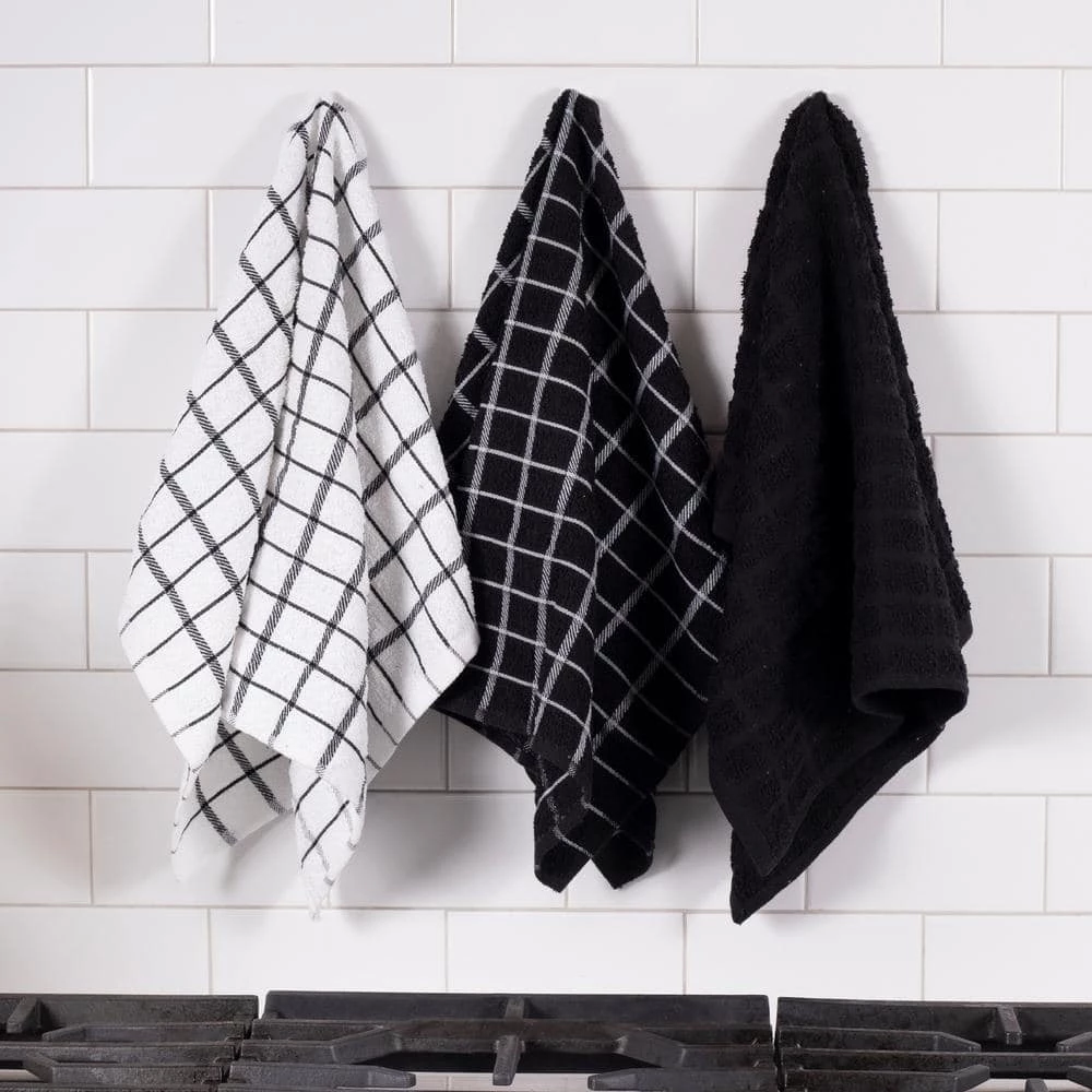 Black Terry Check Cotton Kitchen Towel Set of 3 by RITZ 4 Black Terry Check Cotton Kitchen Towel Set of 3 by RITZ - Image 2