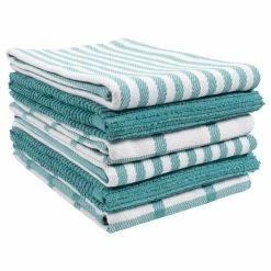 Set of 6 Mixed Flat and Terry Kitchen Towels, 18 x 28 Inches, Absorbent and Perfect Kitchen Starter Pack, Teal by KAF HOME