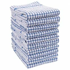 Set of 10 Grid Terry Kitchen Towels, 20 x 30 in., 100% Cotton, Ultra Absorbent Terry Dish Towels, Blue by KAF HOME