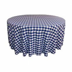 132 in. White and Royal Blue Polyester Gingham Checkered Round Tablecloth by LA Linen