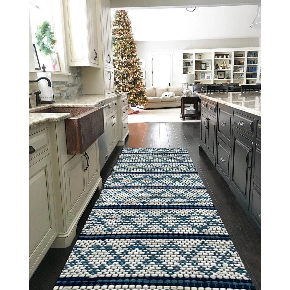 Skade 14 in.W x 72 in. D Blue and White Geometric Reversible Cotton Table Runner by LR Home 4 Skade 14 in.W x 72 in. D Blue and White Geometric Reversible Cotton Table Runner by LR Home - Image 2