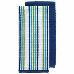 Blue Solid and Stripe Waffle Cotton Kitchen Towel Set of 2 by T-fal