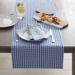 Gingham and Stripe Yarn-Dyed Reversible 16 in. x 108 in. Blue Striped Cotton Table Runner by The Company Store -Table Linens Shop blues the company store table runners 80037b 16x108 blue 40 1000