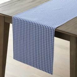 Gingham and Stripe Yarn-Dyed Reversible 16 in. x 108 in. Blue Striped Cotton Table Runner by The Company Store