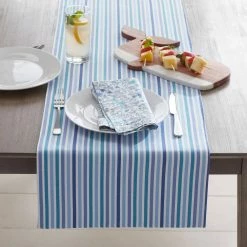 Gingham and Stripe Yarn-Dyed Reversible 16 in. x 108 in. Blue Striped Cotton Table Runner by The Company Store -Table Linens Shop blues the company store table runners 80037b 16x108 blue a0 1000