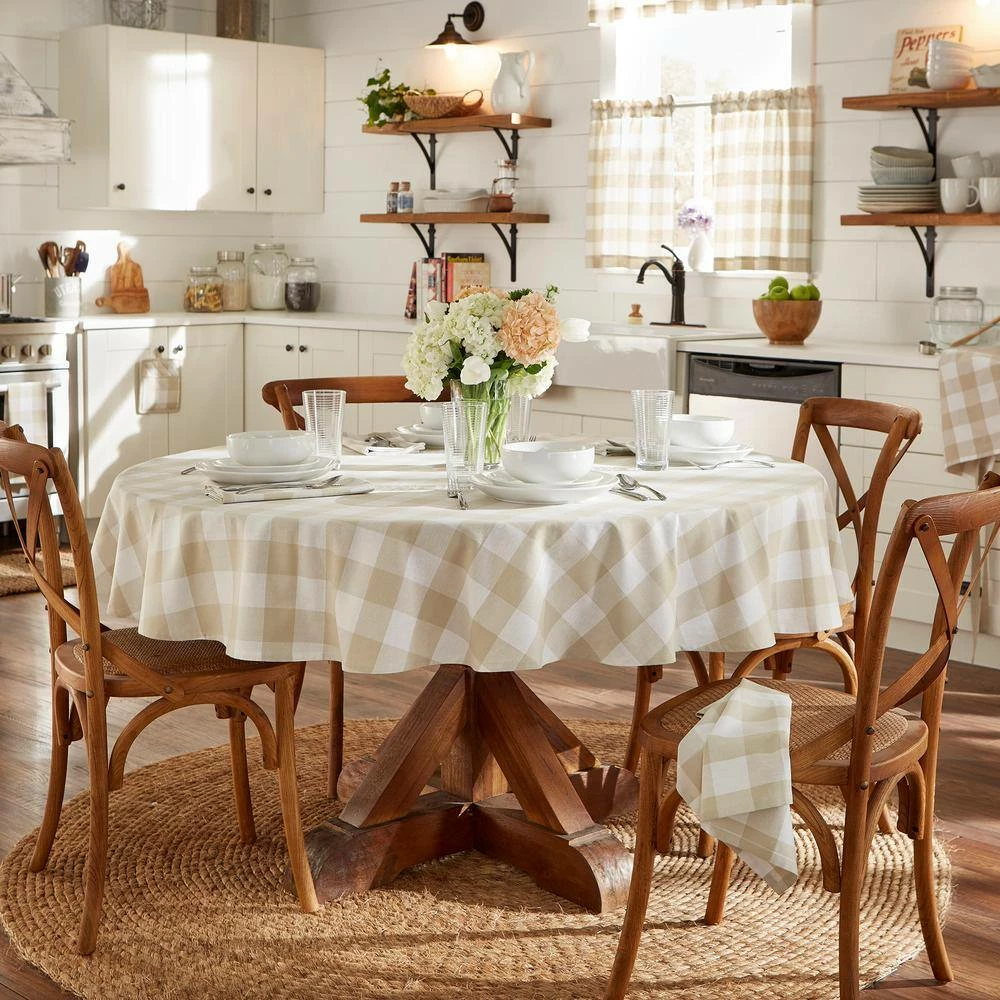Farmhouse Living 70 in. x 70 in. Tan/White Round Buffalo Check Tablecloth by Elrene 4 Farmhouse Living 70 in. x 70 in. Tan/White Round Buffalo Check Tablecloth by Elrene - Image 2