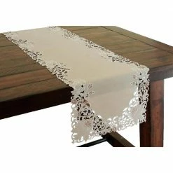 Scrolling Rose 15 in. x 72 in. Tan Embroidered Cutwork Table Runner by Xia Home Fashions