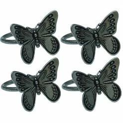 Dark Gray Flutter Spring Butterfly Brass Metal Napkin Rings (Set of 4) by Manor Luxe