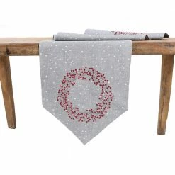 16 in. x 36 in. Holly Berry Wreath Embroidered Christmas Table Runner, Gray by Manor Luxe