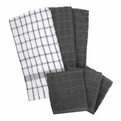 Terry Plaid Cotton Kitchen Towel and Dish Cloth Graphite Set of 3-Towels and 3-Dish Cloths by RITZ