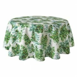 Deck The Halls 70 in. W x 70 in. L Cream/Green Cotton Tablecloth by Fiesta