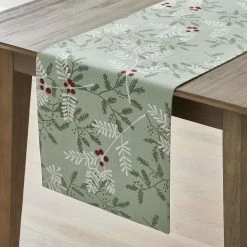Holiday Berry Sprig 16 in. x 90 in. Green Cotton Table Runner by The Company Store