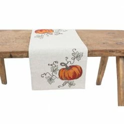 15 in. x 90 in. Rustic Pumpkin Crewel Embroidered Fall Table Runner, Natural by Manor Luxe