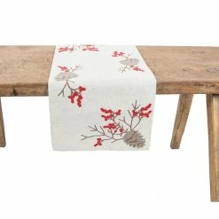 15 in. x 90 in. Christmas Pine Cone Crewel Embroidered Table Runner, Natural by Manor Luxe