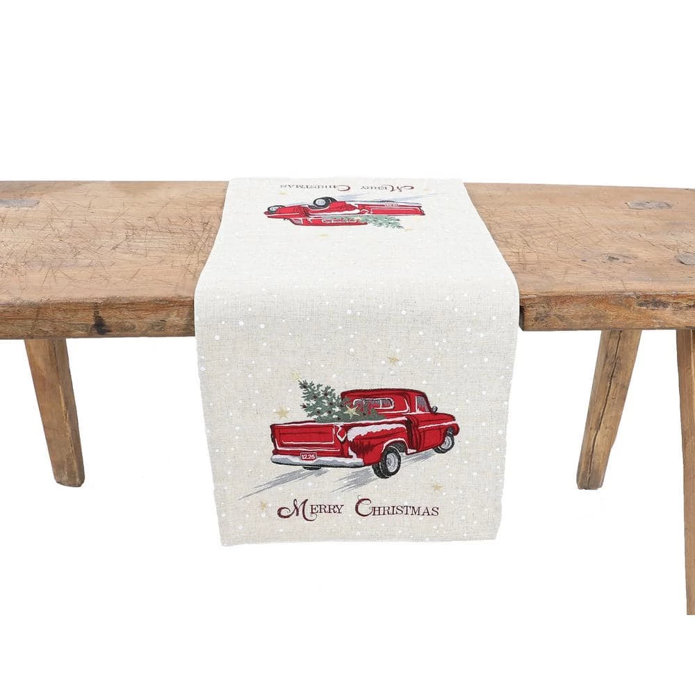 15 in. x 70 in. Merry Christmas Truck Embroidered Table Runner, Natural by Manor Luxe 3 15 in. x 70 in. Merry Christmas Truck Embroidered Table Runner, Natural by Manor Luxe