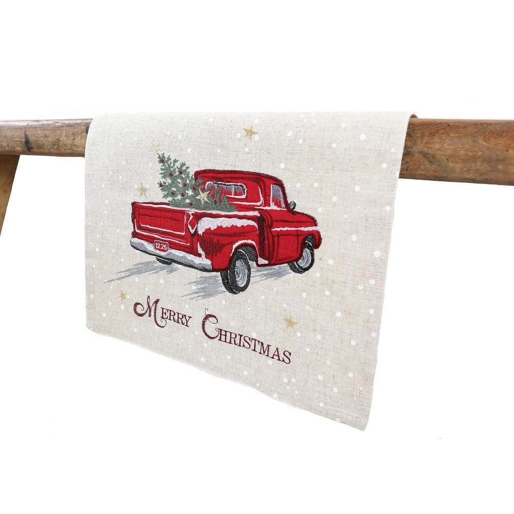 15 in. x 70 in. Merry Christmas Truck Embroidered Table Runner, Natural by Manor Luxe 4 15 in. x 70 in. Merry Christmas Truck Embroidered Table Runner, Natural by Manor Luxe - Image 2