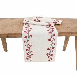 15 in. x 90 in. Holly Berry Branch Crewel Embroidered Christmas Table Runner, Natural by Manor Luxe