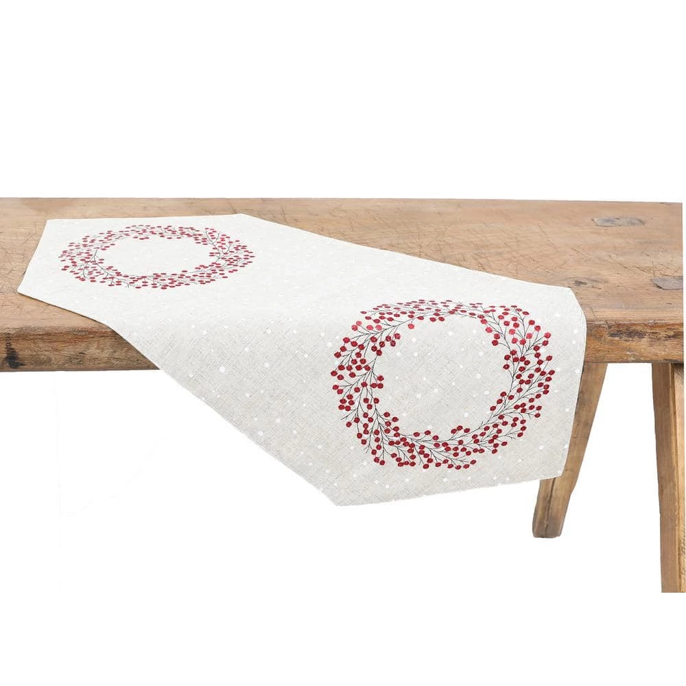 15 in. x 70 in. Linen Blend Holly Berry Wreath Embroidered Christmas Table Runner, Natural by Manor Luxe 4 15 in. x 70 in. Linen Blend Holly Berry Wreath Embroidered Christmas Table Runner, Natural by Manor Luxe - Image 2