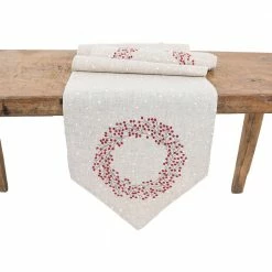 15 in. x 90 in. Linen Blend Holly Berry Wreath Embroidered Christmas Table Runner, Natural by Manor Luxe