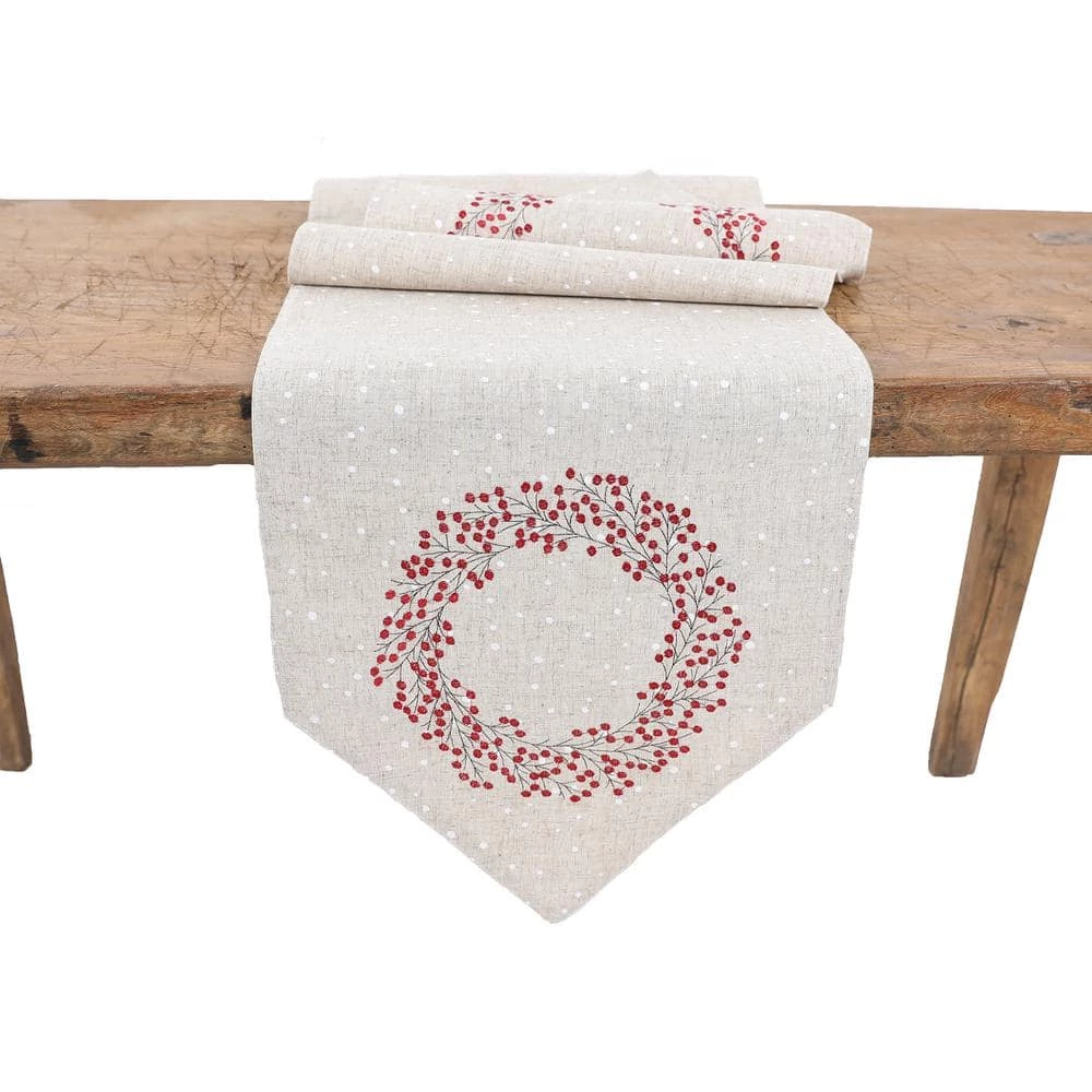 16 in. x 36 in. Linen Blend Holly Berry Wreath Embroidered Christmas Table Runner, Natural by Manor Luxe 3 16 in. x 36 in. Linen Blend Holly Berry Wreath Embroidered Christmas Table Runner, Natural by Manor Luxe