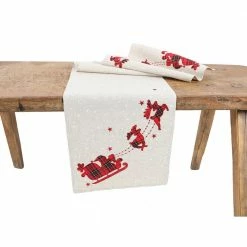 16 in. x 36 in. Applique Tartan Santa Sleigh With Reindeers Christmas Table Runner, Natural by Manor Luxe