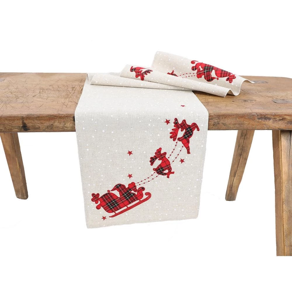 16 in. x 36 in. Applique Tartan Santa Sleigh With Reindeers Christmas Table Runner, Natural by Manor Luxe 3 16 in. x 36 in. Applique Tartan Santa Sleigh With Reindeers Christmas Table Runner, Natural by Manor Luxe