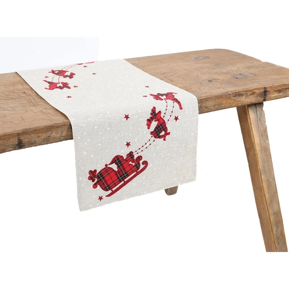 16 in. x 36 in. Applique Tartan Santa Sleigh With Reindeers Christmas Table Runner, Natural by Manor Luxe 4 16 in. x 36 in. Applique Tartan Santa Sleigh With Reindeers Christmas Table Runner, Natural by Manor Luxe - Image 2