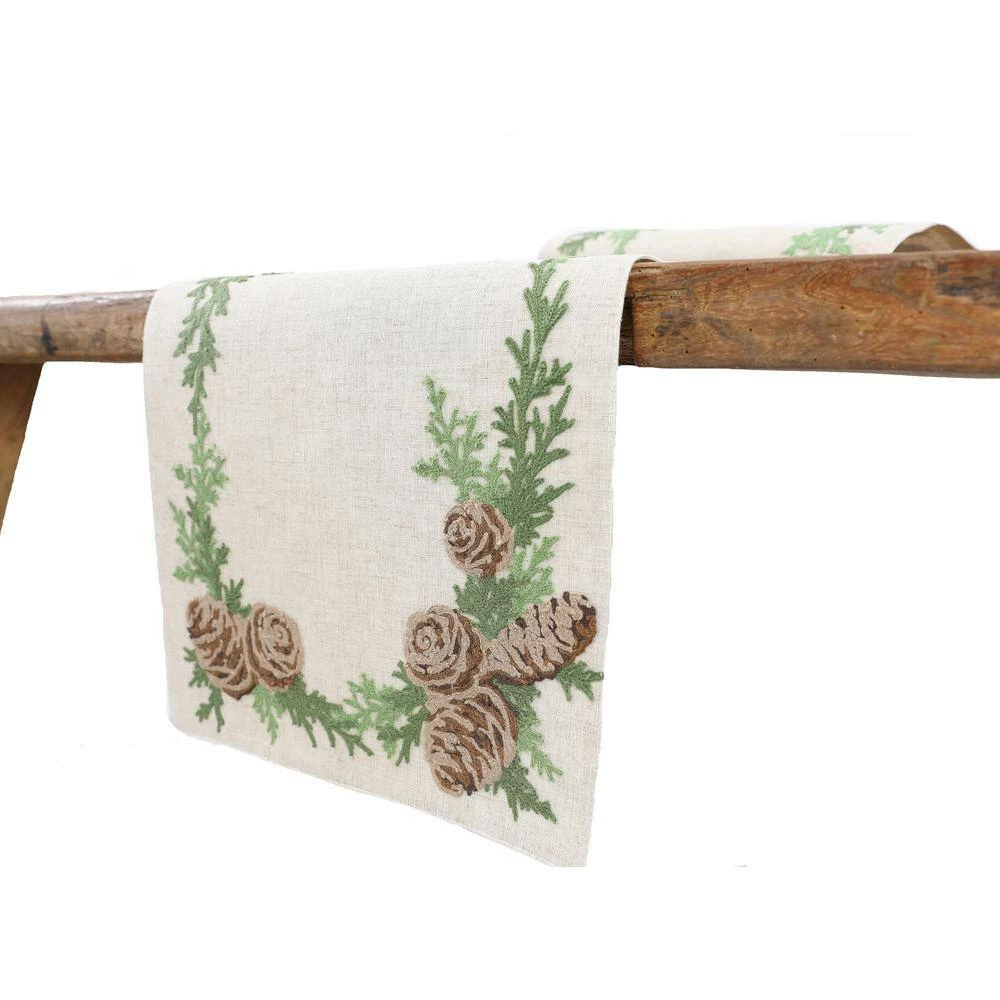 15 in. x 90 in. Winter Pine Cones & Branches Crewel Embroidered Table Runner, Natural by Manor Luxe 4 15 in. x 90 in. Winter Pine Cones & Branches Crewel Embroidered Table Runner, Natural by Manor Luxe - Image 2