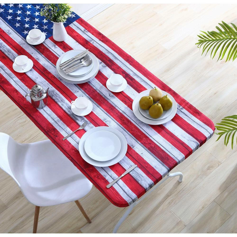 30 in. x 72 in. Cotton Fabric Fitted Table Cover, Red White and Blue Flag by BRIELLE HOME 4 30 in. x 72 in. Cotton Fabric Fitted Table Cover, Red White and Blue Flag by BRIELLE HOME - Image 2