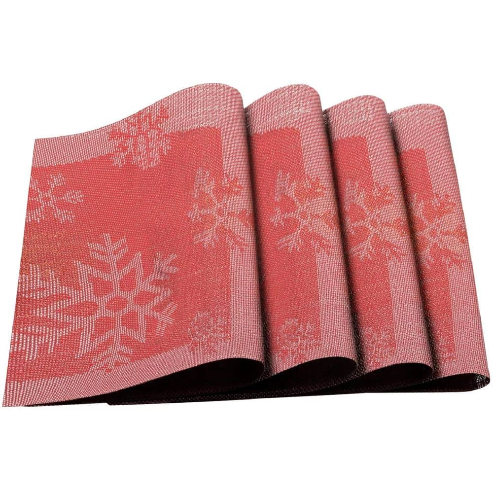 Red Snowflakes Jacquard 12 in. x 18 in. PVC Fiber Woven Non-Slip Washable Placemat (Set of 4) by J&V TEXTILES 3 Red Snowflakes Jacquard 12 in. x 18 in. PVC Fiber Woven Non-Slip Washable Placemat (Set of 4) by J&V TEXTILES