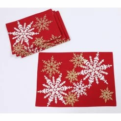 14 in. x 20 in. Red Magical Snowflakes Crewel Embroidered Christmas Placemats (Set of 4), Polyester by Manor Luxe