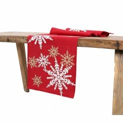 15 in. x 90 in. Magical Snowflakes Crewel Embroidered Christmas Table Runner, Red by Manor Luxe