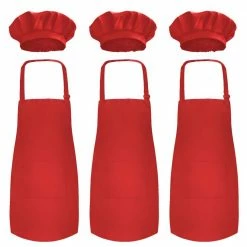 18 in. x 23.5 in. Kid's Apron with Chef Hat Set (3 Set) - Skin-Friendly Children's Bib with Pocket - (Red) by Novelty Place