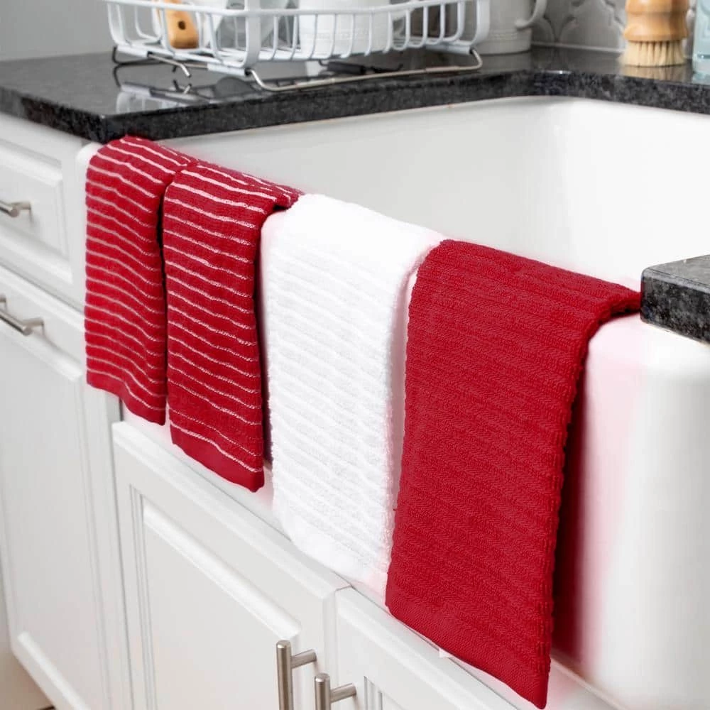 Red Cotton Terry Horizontal Stripe Bar Mop Kitchen Towel Set of 4 by RITZ 7 Red Cotton Terry Horizontal Stripe Bar Mop Kitchen Towel Set of 4 by RITZ - Image 5