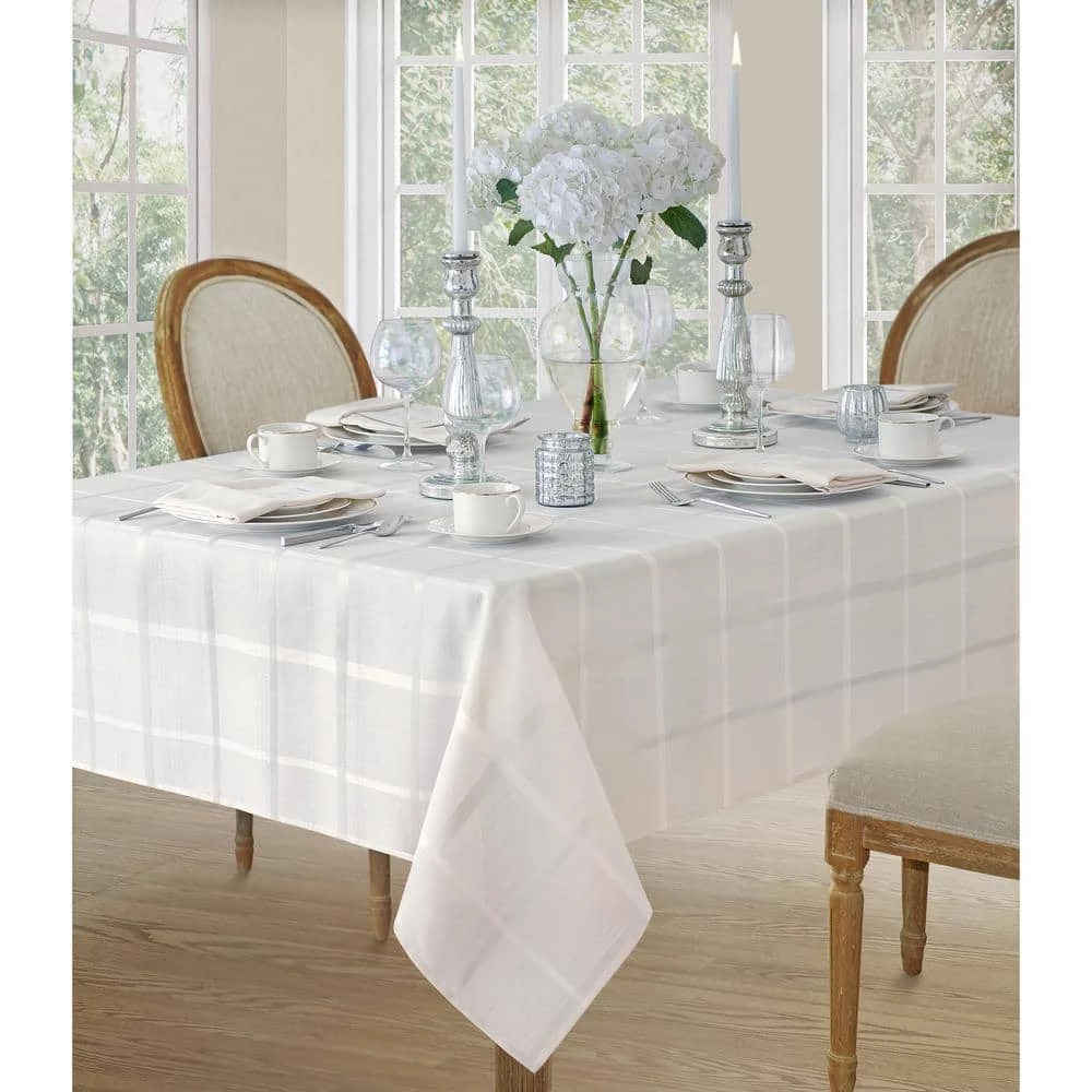 52 in. W x 52 in. L White Elegance Plaid Damask Fabric Tablecloth by Elrene 4 52 in. W x 52 in. L White Elegance Plaid Damask Fabric Tablecloth by Elrene - Image 2