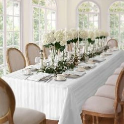 52 in. W x 70 in. L White Denley Stripe Damask Fabric Tablecloth by Elrene