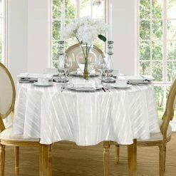 70 in. Round White Denley Stripe Damask Fabric Tablecloth by Elrene
