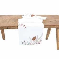 16 in. x 36 in. Pinecone And Berry Embroidered Christmas Table Runner, White by Manor Luxe