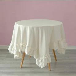 60 in. x 60 in. Square Whites Sold 100% Pure Linen Washable Tablecloth with Ruffle Trim by DEERLUX -Table Linens Shop whites tablecloths qi003988 6060 wt 4f 1000