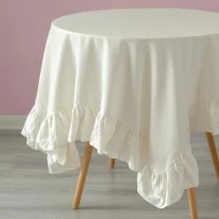 60 in. x 60 in. Square Whites Sold 100% Pure Linen Washable Tablecloth with Ruffle Trim by DEERLUX