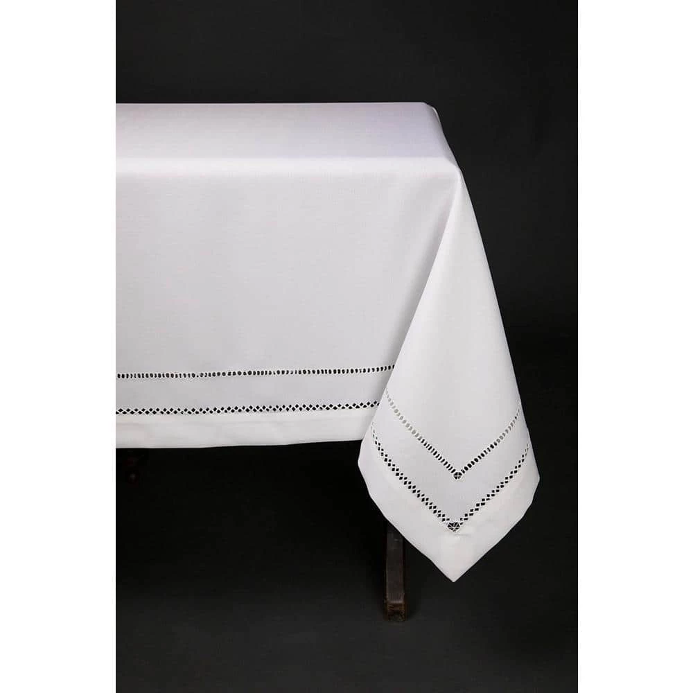 65 in. x 140 in. White Double Hemstitch Easy Care Tablecloth by Xia Home Fashions 4 65 in. x 140 in. White Double Hemstitch Easy Care Tablecloth by Xia Home Fashions - Image 2