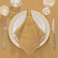 70 in. Round Gold Elegant Woven Leaves Jacquard Damask Tablecloth by Elrene -Table Linens Shop yellows golds elrene tablecloths 100514ftcxr070x070gld 4f 1000