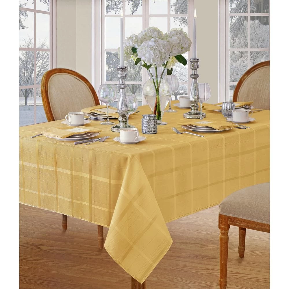 52 in. W x 70 in. L Ribbon Gold Elegance Plaid Damask Fabric Tablecloth by Elrene 4 52 in. W x 70 in. L Ribbon Gold Elegance Plaid Damask Fabric Tablecloth by Elrene - Image 2